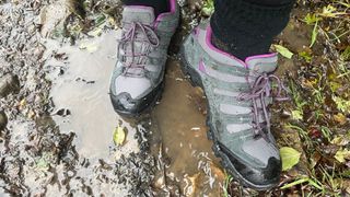 Susan Griffin wearing the Mountain Warehouse Belfour Waterproof Walking shoes in boggy mud