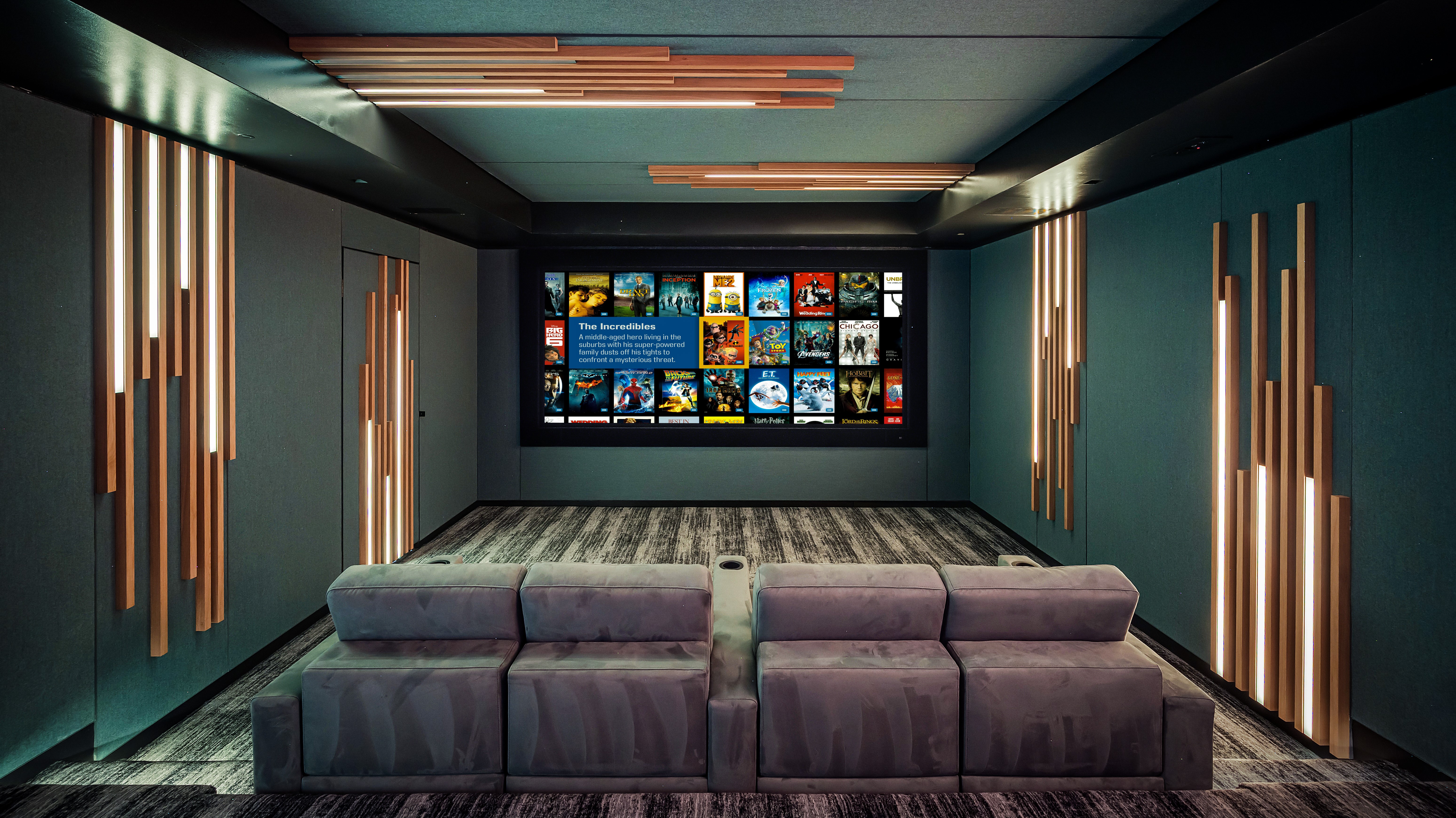 Home theater space showing comfortable seating and colored LED lights