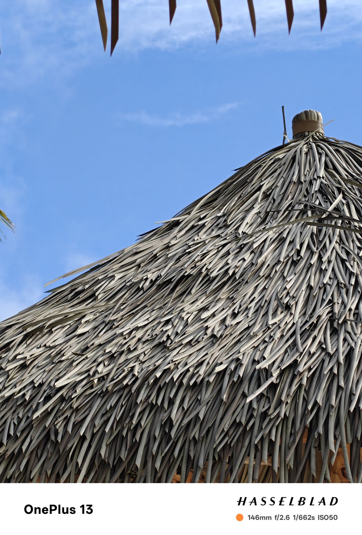 Close-up of a thatched beach canopy with a blue sky in the background