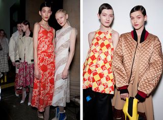 Four models - one in a red and white dress, one in a white striped dress, one in a red chequered dress and one in a brown quilted coat