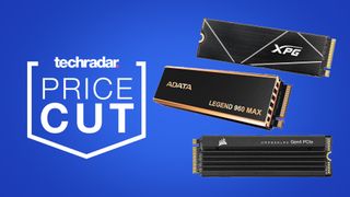 A deal image for three PS5 SSDs on a blue background