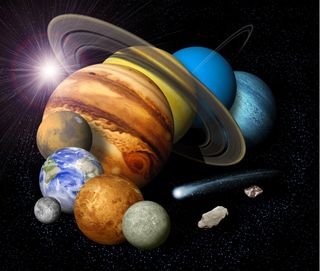 a collage of the planets of the solar system, not to scale.