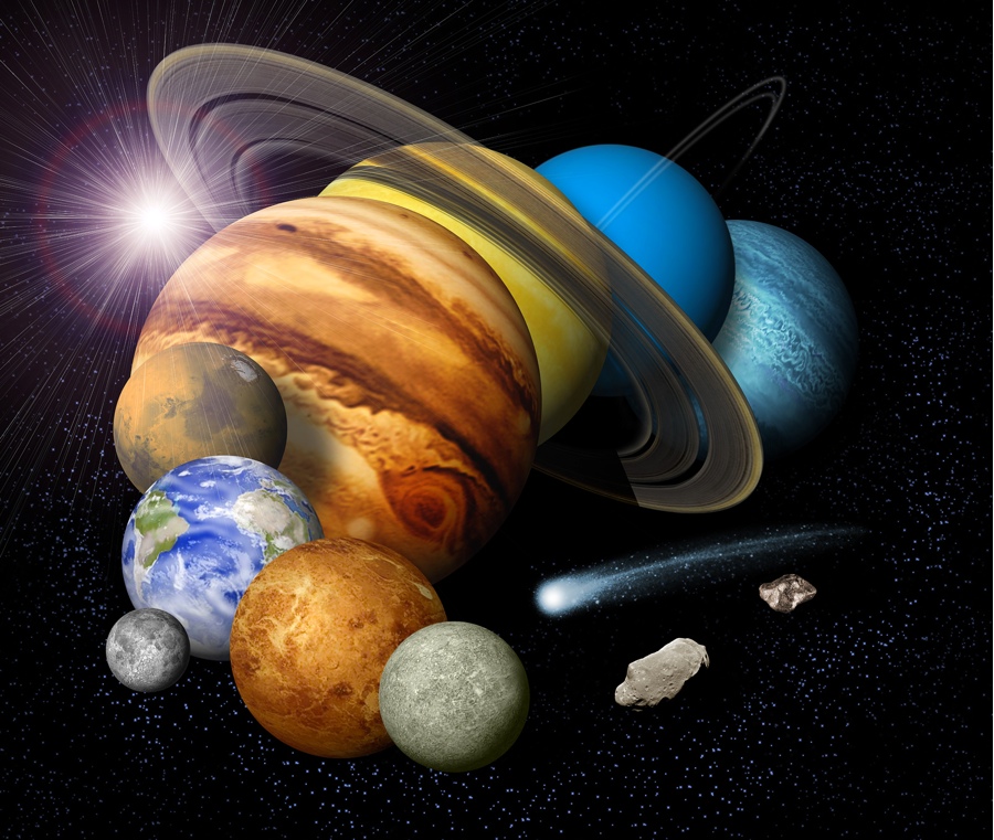 a collage of the planets of the solar system, not to scale.