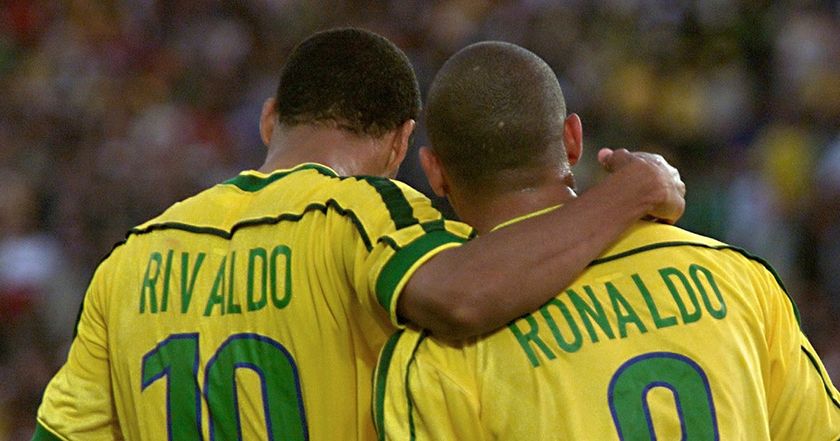 Brazilian Rivaldo embraces forward Ronaldo (R) after he scored the second goal, 16 June at the Stade de la Beaujoire in Nantes, during their 1998 Soccer World Cup group A first round match against Morocco. Brazil won 3-0.