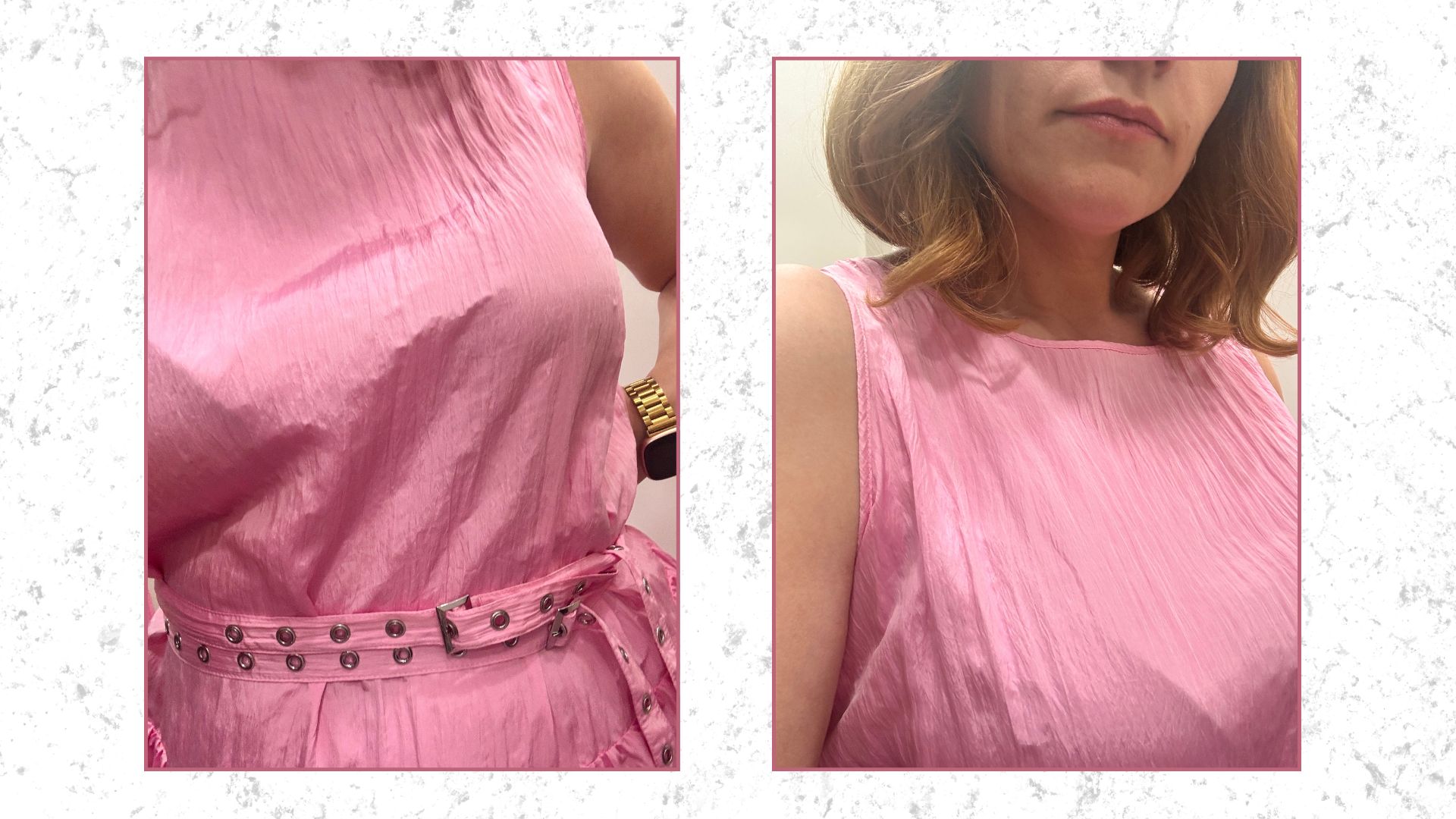 two close up shots of the M&s pink dress