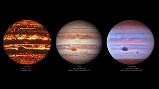 Jupiter in visible, ultraviolet and infrared wavelengths.