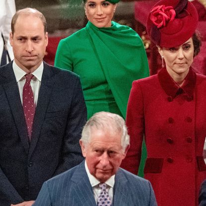 Prince William is wearing a dark suit with a red tie, while Kate Middleton wears a red coat dress and matching hat, and King Charles walks ahead of them in a striped blue suit