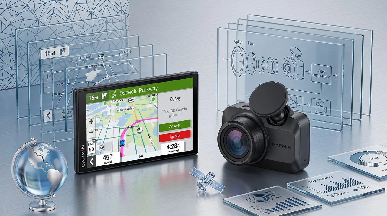 A Garmin GPS navigator and Garmin dash cam.