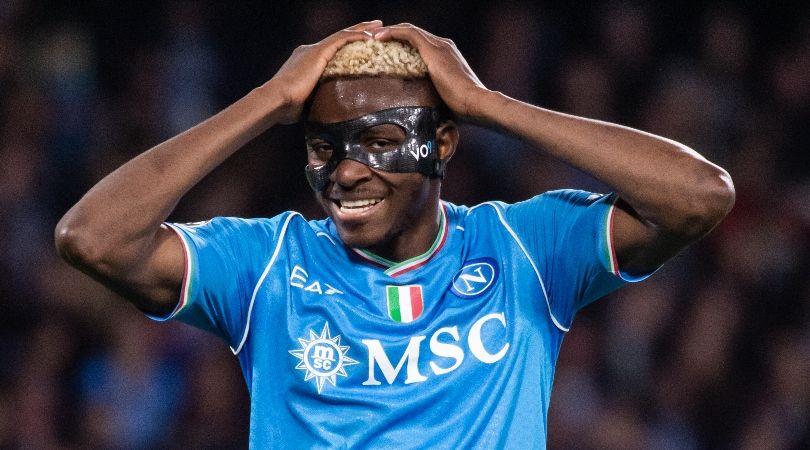 Victor Osimhen gestures during Napoli&#039;s Champions League clash against Braga in December 2023.