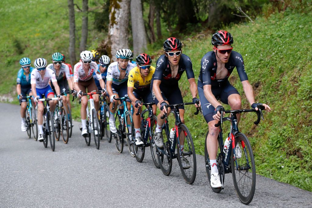 LES GETS FRANCE JUNE 06 David Gaudu of France and Team Groupama FDJ White Best Young Jersey Wilco Kelderman of Netherlands and Team Bora Hansgrohe Miguel ngel Lpez Moreno of Colombia and Movistar Team Ben Alexander Oconnor of Australia and AG2R Citren Team Alexey Lutsenko of Kazahkstan and Team Astana Premier Tech Richie Porte of Australia Yellow Leader Jersey Geraint Thomas of The United Kingdom Tao Geoghegan Hart of United Kingdom and Team INEOS Grenadiers during the 73rd Critrium du Dauphin 2021 Stage 8 a 147km stage from La LchreLesBains to Les Gets 1160m UCIworldtour Dauphin dauphine on June 06 2021 in Les Gets France Photo by Bas CzerwinskiGetty Images