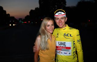 PARIS FRANCE SEPTEMBER 20 Podium Urska Zigart of Slovenia Girlfriend Tadej Pogacar of Slovenia and UAE Team Emirates Yellow Leader Jersey Celebration during the 107th Tour de France 2020 Stage 21 a 122km stage from MantesLaJolie to Paris Champslyses TDF2020 LeTour on September 20 2020 in Paris France Photo by Stuart FranklinGetty Images