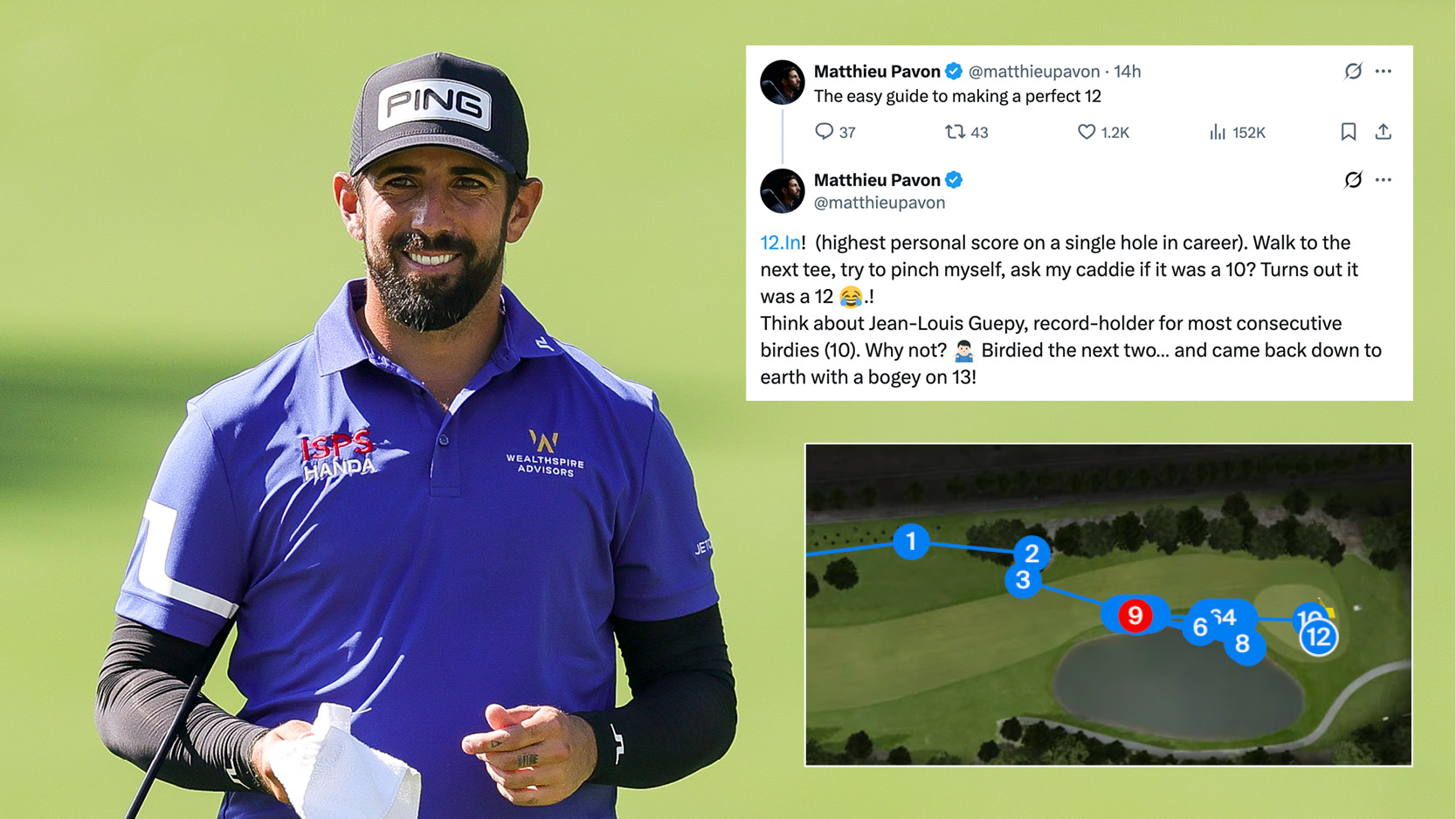 Main image of Matthieu Pavon smiling with inset images of the Frenchman&#039;s X post regarding the octuple bogey and a screenshot of his route down the hole at TPC Toronto