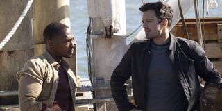 Sam Wilson/Falcon (Anthony Mackie) with The Winter Soldier (Sebastian Stan) on a boat in The Falcon And The Winter Soldier