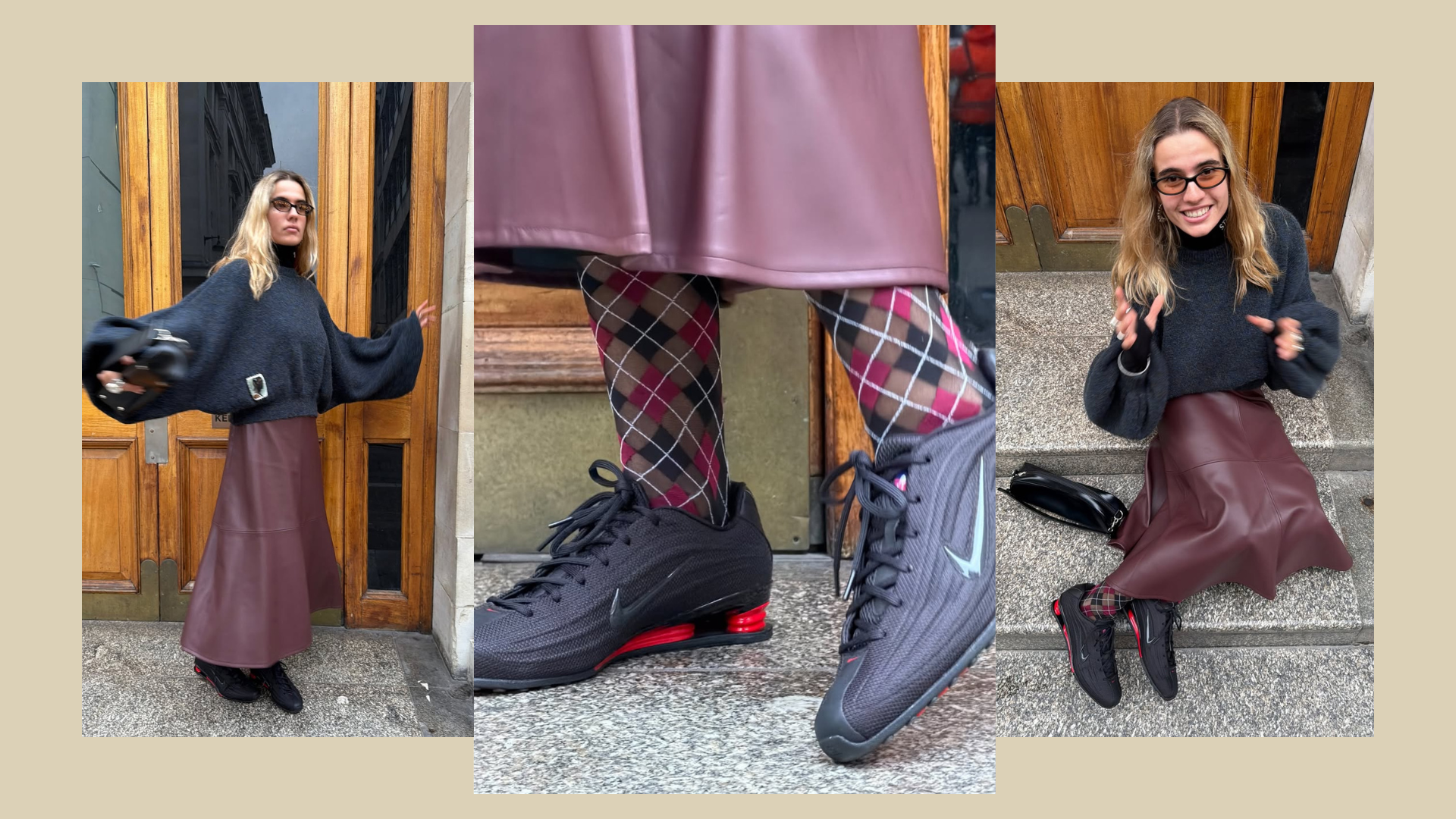 Tori Vanbreugel is photographed outside wearing Nike Shox Z trainers in black and red with a grey jumper, burgundy skirt, patterned tights, a black bag and sunglasses.
