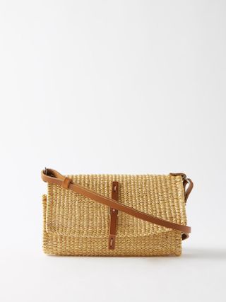 Leather-Trim Straw Clutch Bag