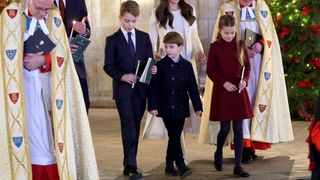 Prince Louis, Princess Charlotte and Prince George leave the "Together At Christmas" Carol Service at Westminster Abbey on December 08