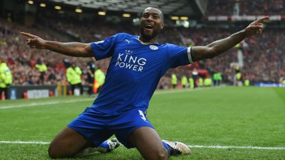 Wes Morgan of Leicester City celebrates at Old Trafford