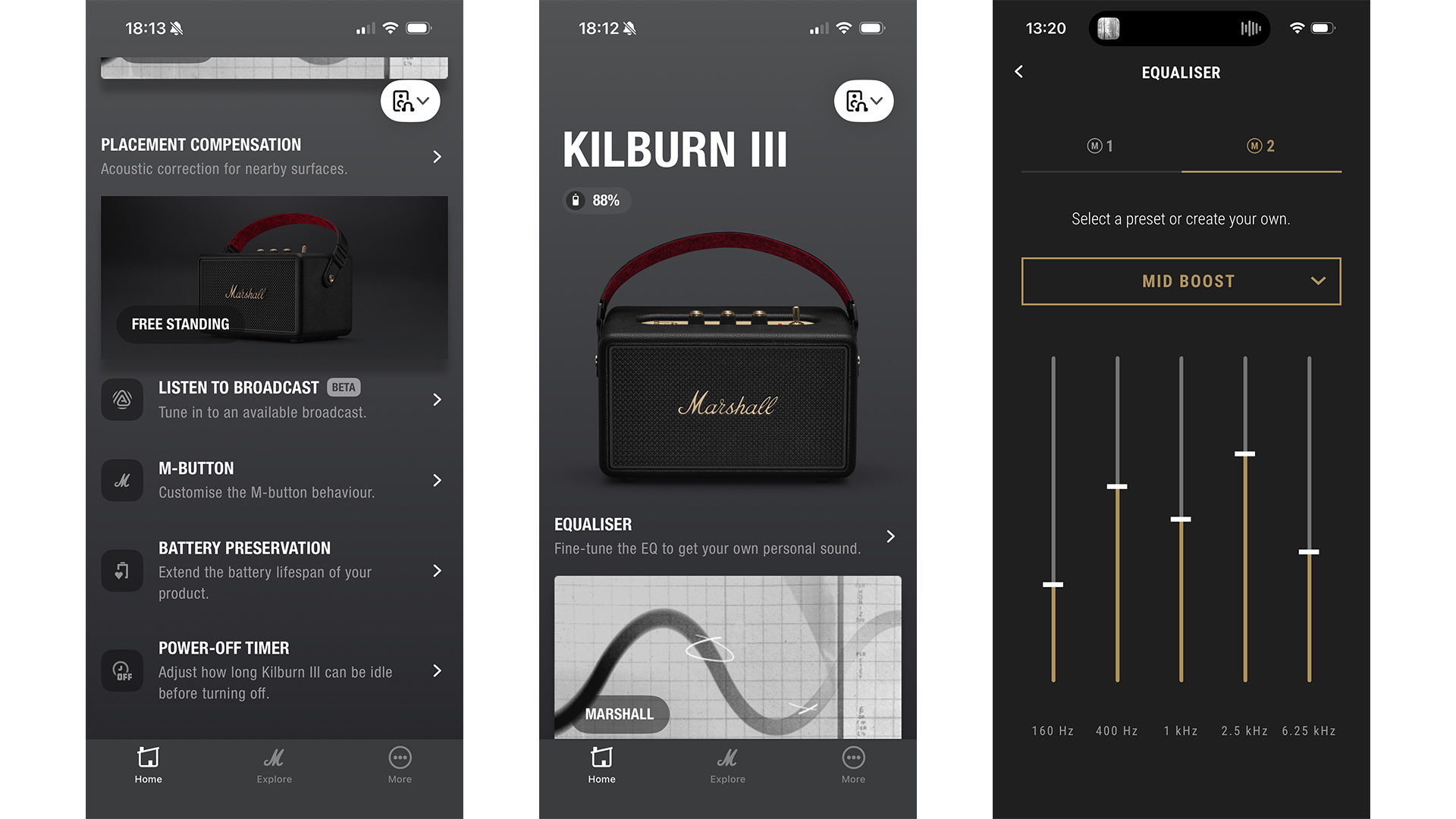 Marshall Kilburn III wireless speaker app on three smartphone screens