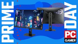 A front and back view of the Asus ROG Strix 5K XG27JCG float in the funky Prime Day deal void.