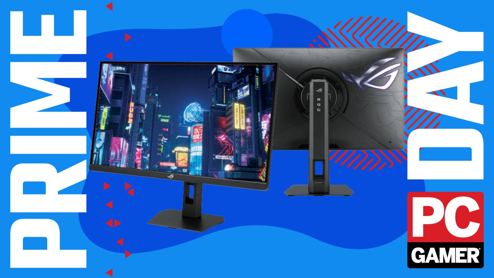A front and back view of the Asus ROG Strix 5K XG27JCG float in the funky Prime Day deal void.