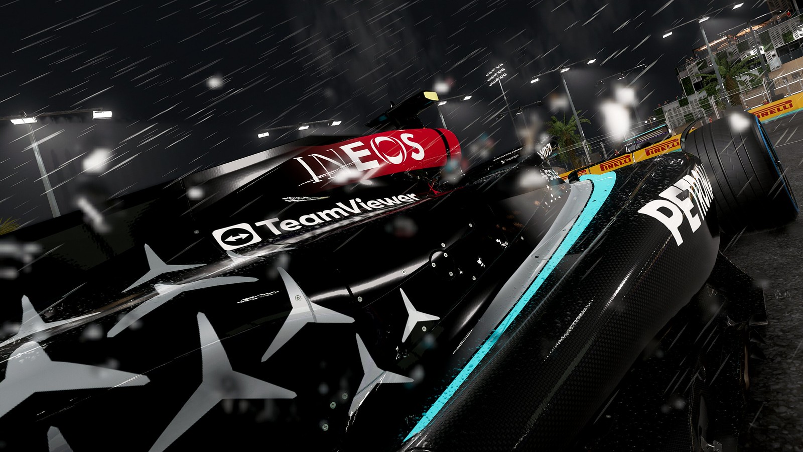 Racing in the rain in F1 24 on PS5 Pro.