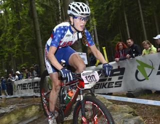 Kate Courtney races at the Nove Mesto World Cup