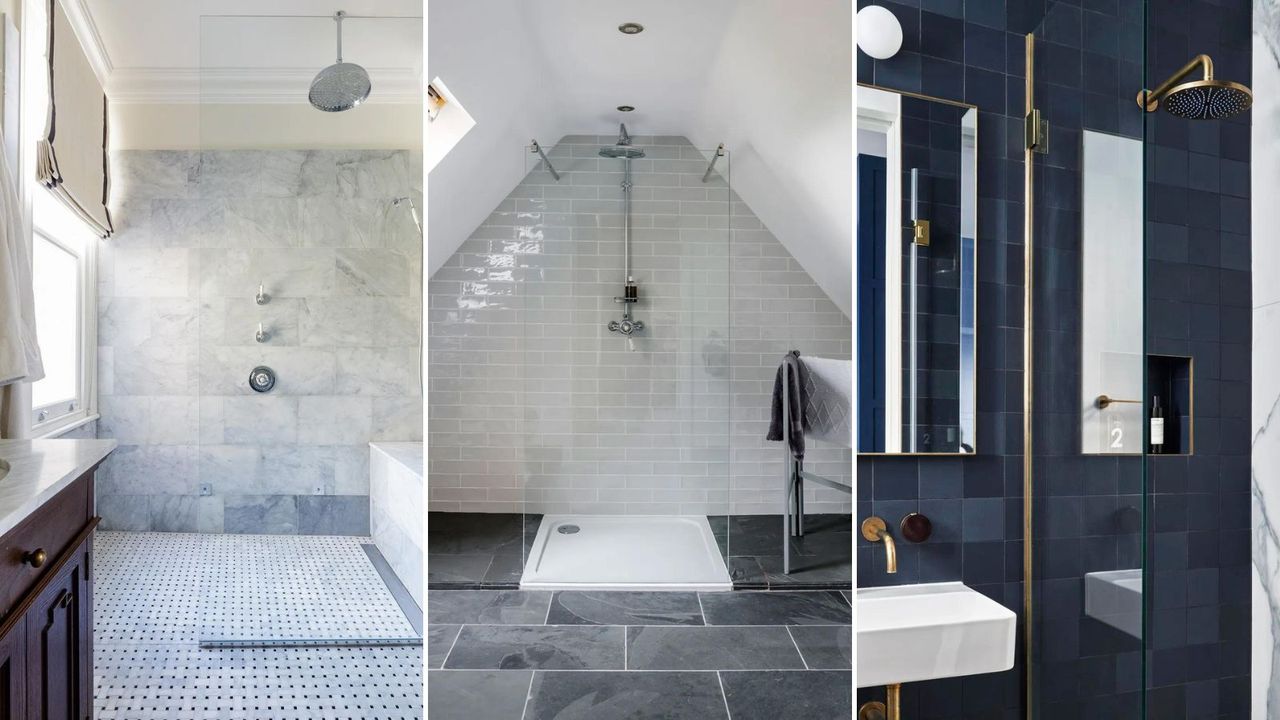 Three images of walk in showers 