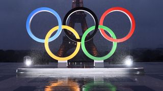 The Olympics Rings on the Trocadero Esplanade near the Eiffel Tower