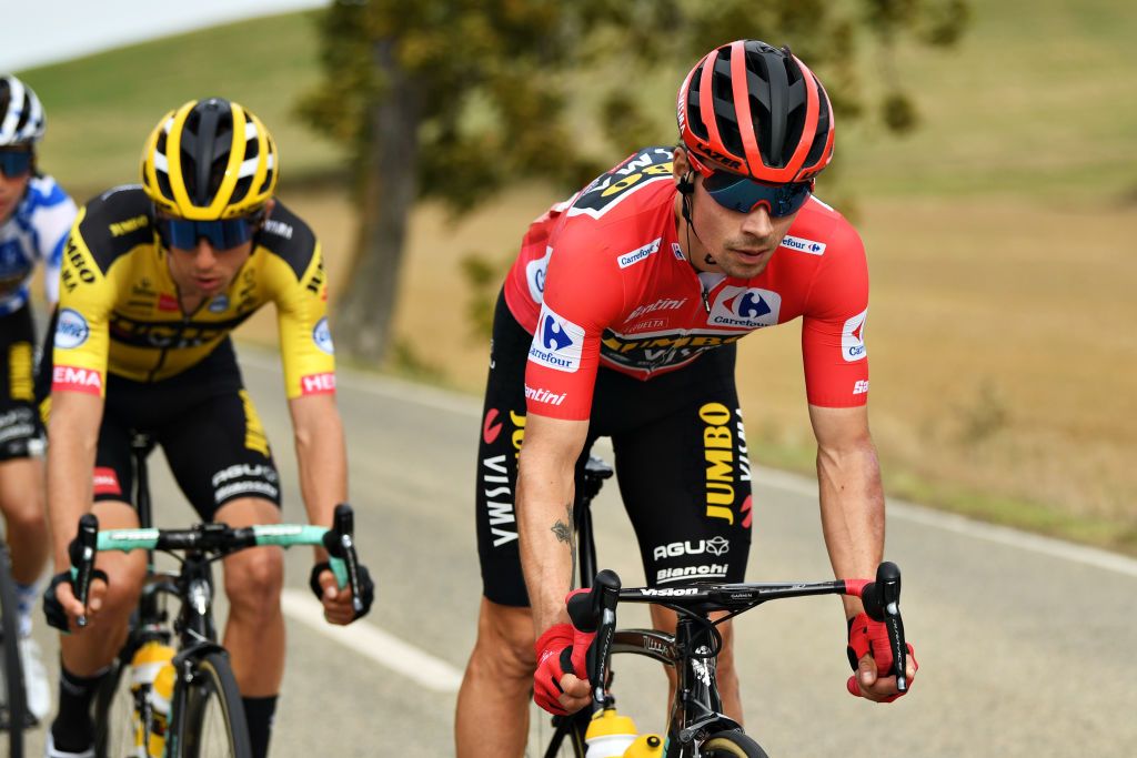 LEKUNBERRI SPAIN OCTOBER 21 Primoz Roglic of Slovenia and Team Jumbo Visma Red Leader Jersey during the 75th Tour of Spain 2020 Stage 2 a 1516km stage from Pamplona to Lekunberri lavuelta LaVuelta20 La Vuelta on October 21 2020 in Lekunberri Spain Photo by David RamosGetty Images