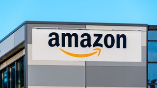 Amazon logo and branding pictured on a logistics facility in Velizy-Villacoublay, France.