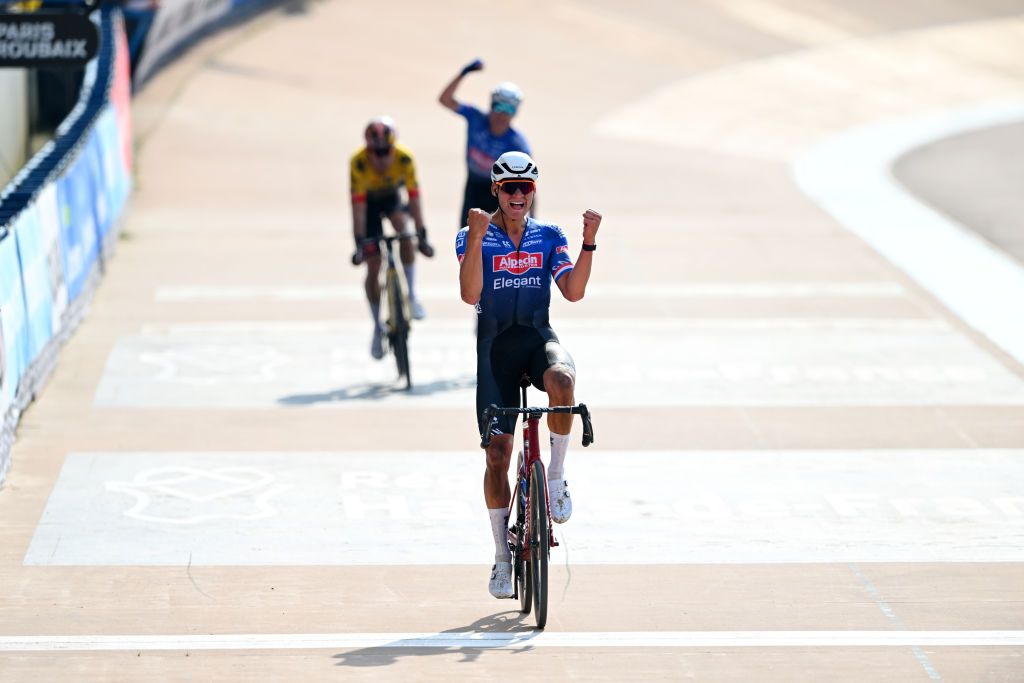 ROUBAIX FRANCE APRIL 09 Mathieu van der Poel of The Netherlands and Team AlpecinDeceuninck celebrates at finish line as race winner during the 120th ParisRoubaix 2023 Mens Elite a 2566km one day race from Compigne to Roubaix on UCIWT April 09 2023 in Roubaix France Photo by Luc ClaessenGetty Images