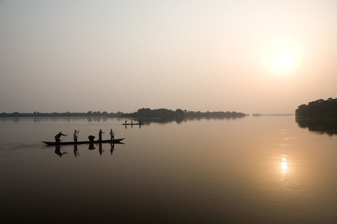 The Congo River at sunset in the Democratic Republic of the Congo.