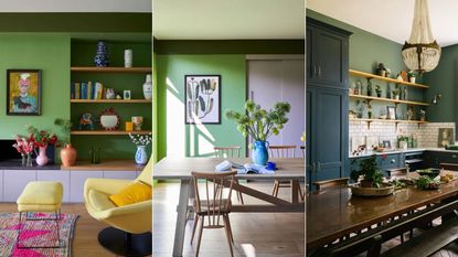 green living room with yellow chair, green dining room, dark blue and green kitchen