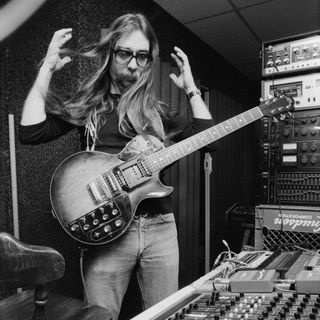 Jeff Baxter in a recording studio in 1979 with his Roland GS-500 synth controller