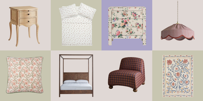 Product Grid with Farmhouse bedroom decor such as mirror, floral patterned nightstand, wooden nightstand, wooden bed, chekered bedsheets.