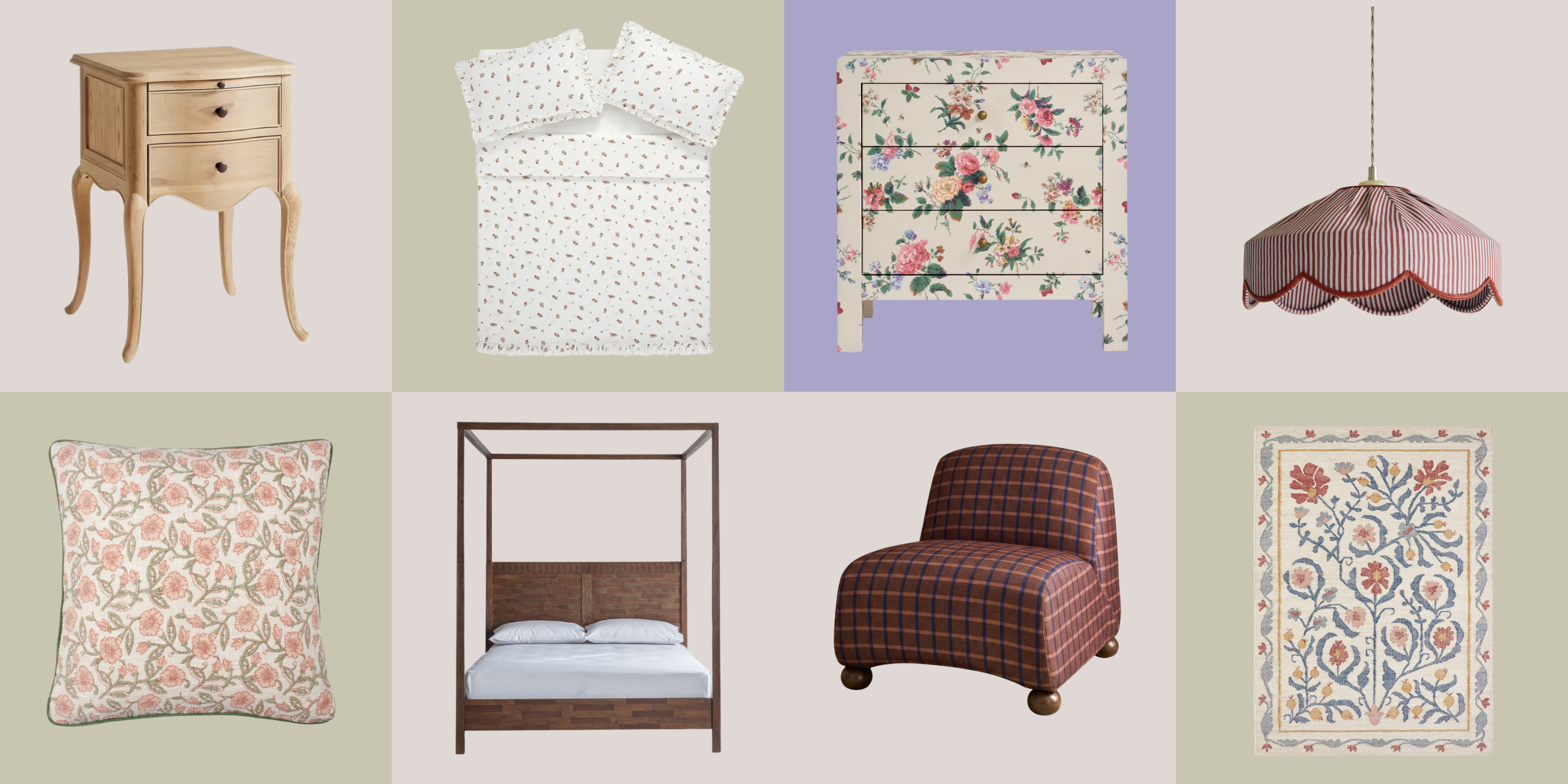 Product Grid with Farmhouse bedroom decor such as mirror, floral patterned nightstand, wooden nightstand, wooden bed, chekered bedsheets. 