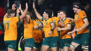 Players of Australia celebrate at the final whistle during the Autumn Nations Series 2025 match between England and Australia