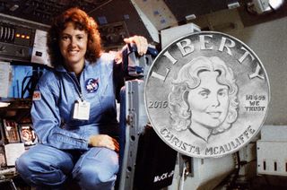 Unofficial, concept-only rendering of what a coin honoring Christa McAuliffe could look like. The Secretary of the U.S. Treasury will choose the design of the coin to be issued based on the direction of Congress and the work of U.S. Mint artists.
