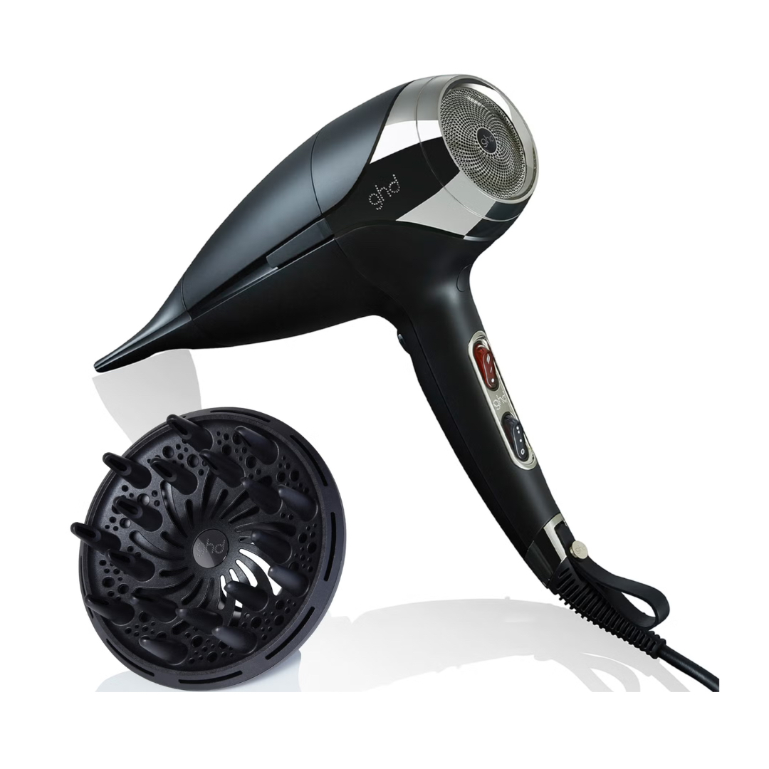 The ghd Helios Hair Dryer in black with the compatible ghd diffuser 