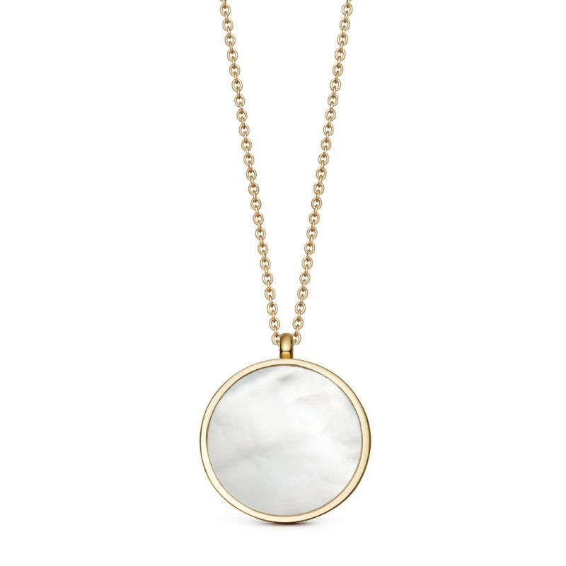 A mother of pearl locket necklace.