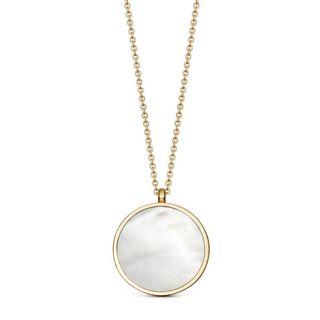 A mother of pearl locket necklace.