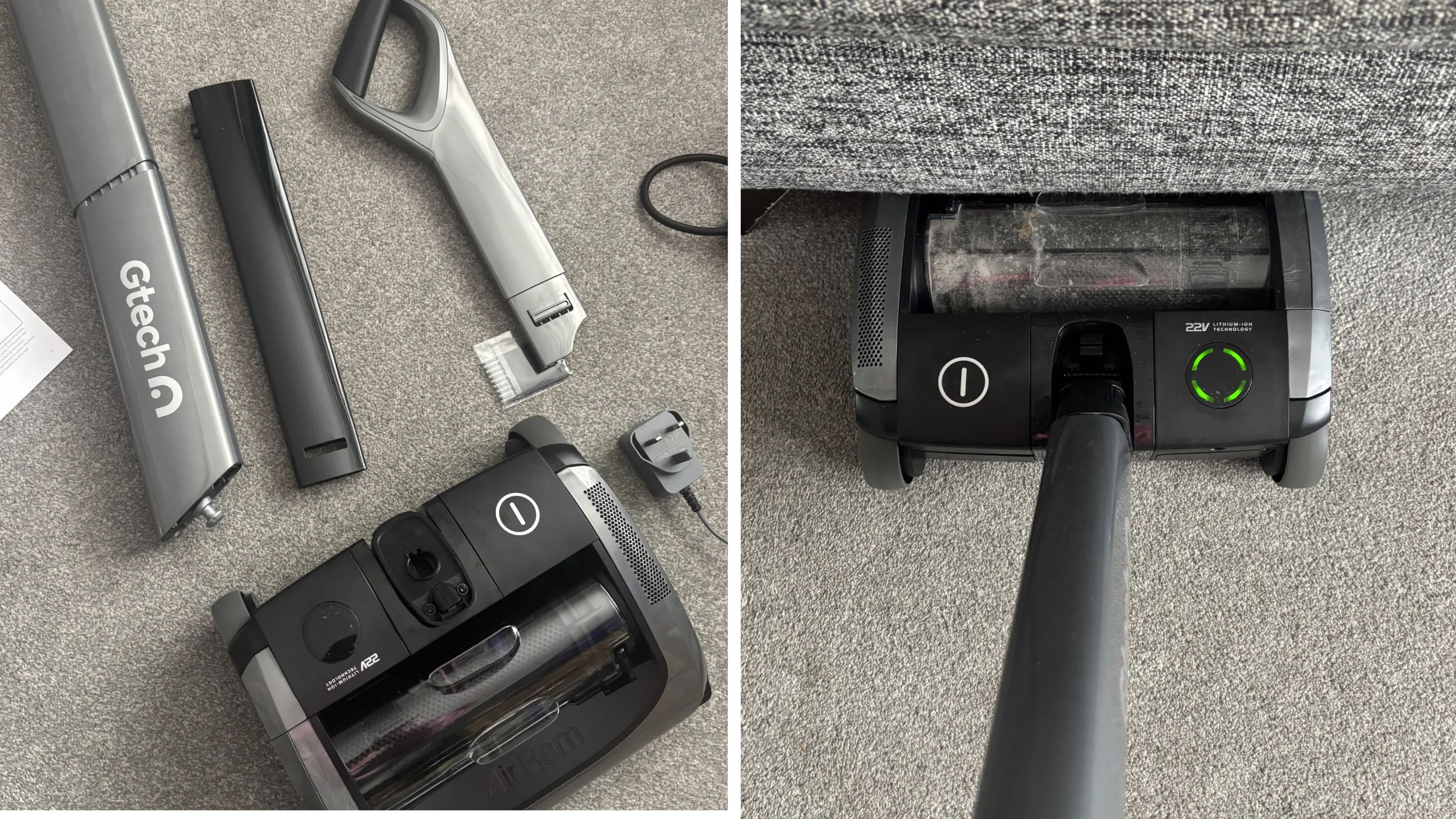Side by side images of the Gtech AirRAM 2 Core pieces on grey carpet, and then it cleaning grey carpet