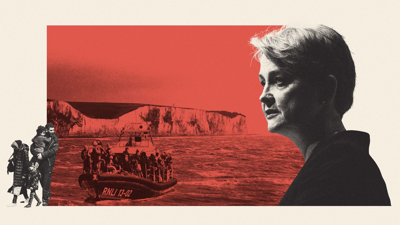 Illustration of Home Secretary Yvette Cooper and a group of migrants crossing at Dover