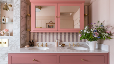 Pink bathroom with stripe tiles