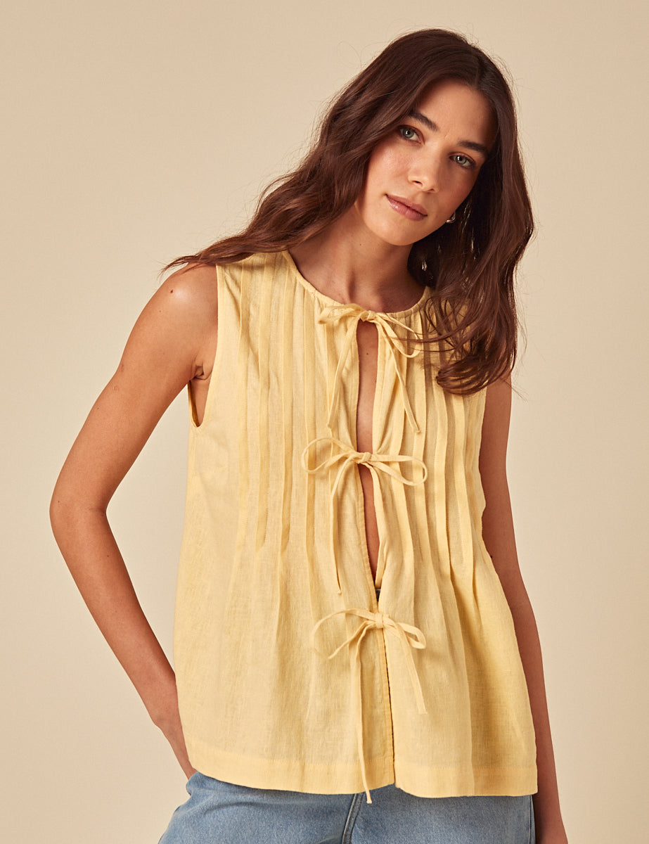 Butter Yellow Linen-Blend Tie Front Top