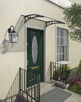 green front door with small canopy
