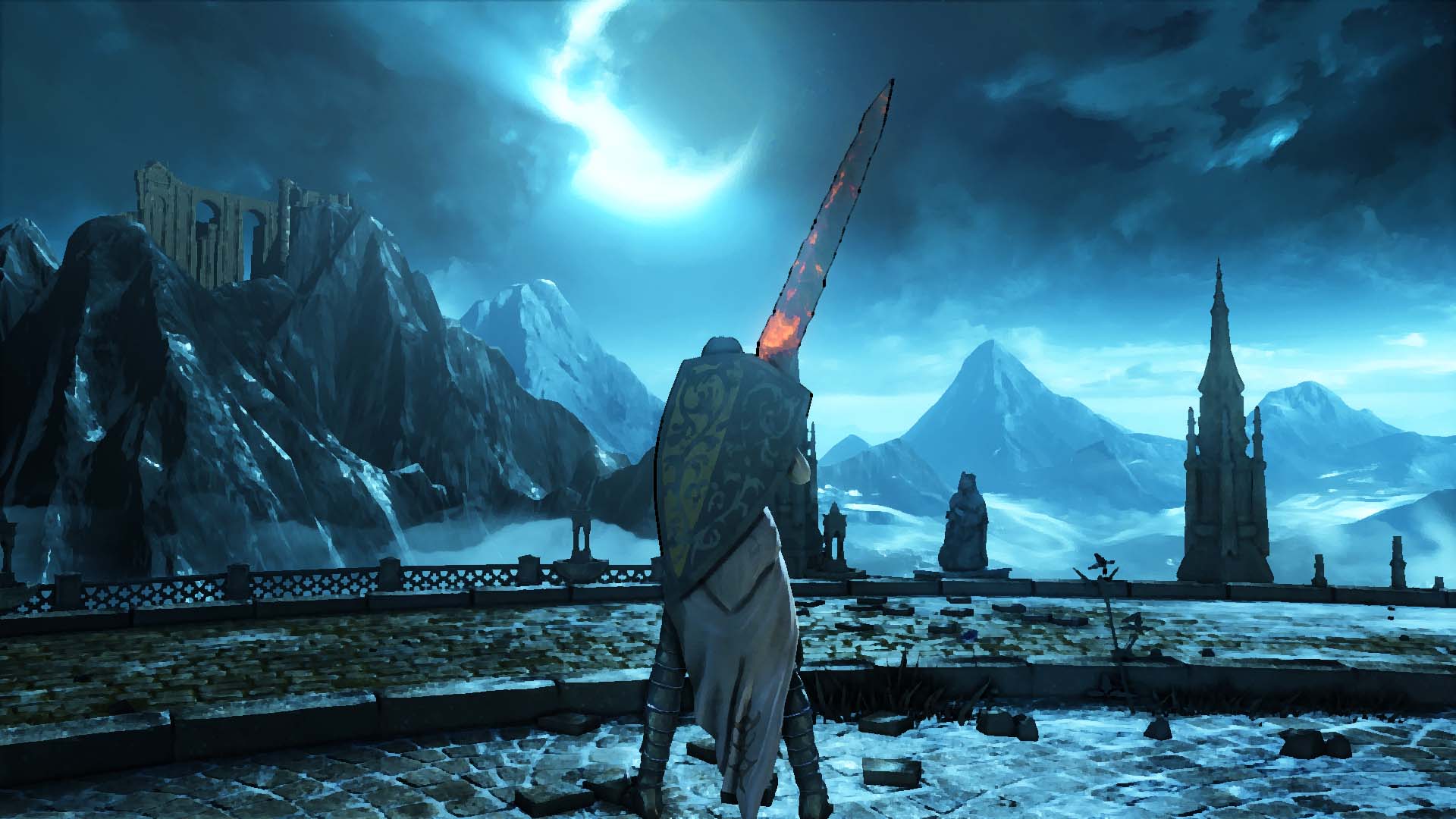 Best RPGs - Dark Souls 3 - A player with a large sword and shield stands overlooking Irithyll of the Boreal Valley