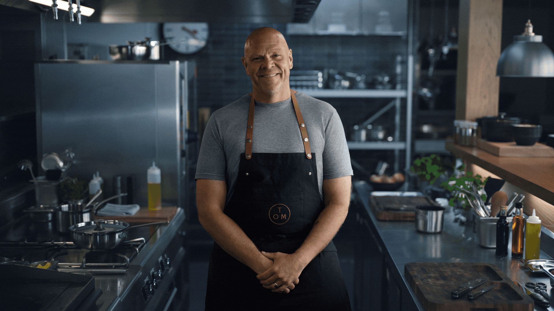 A series of images featuring cookware in a kitchen alongside chef Tom Kerridge