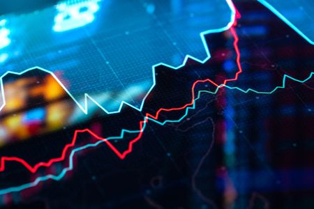 closeup of stock market chart with teal, red and green moving averages