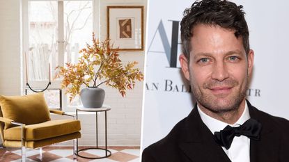 Nate Berkus and floral foliage in front of chair 